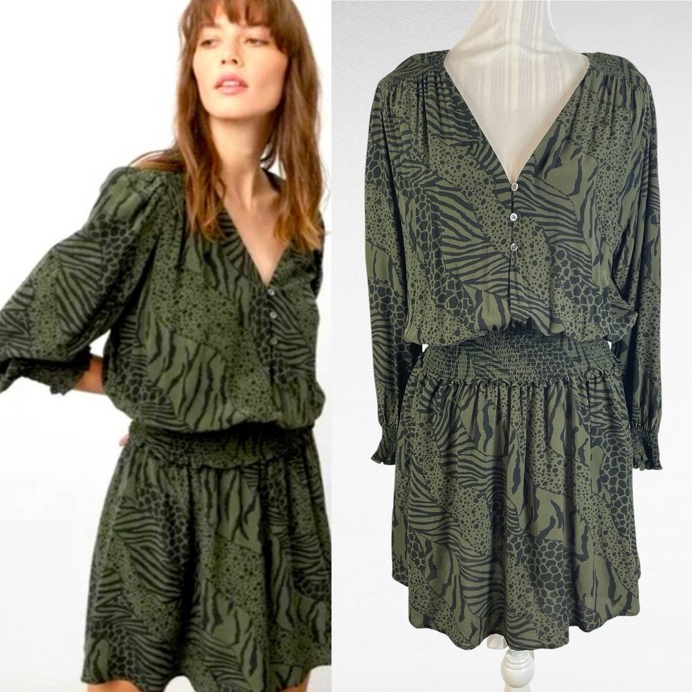 Rails Zana Olive Animal Print Smocked Waist Long Sleeve Dress Size XL NEW